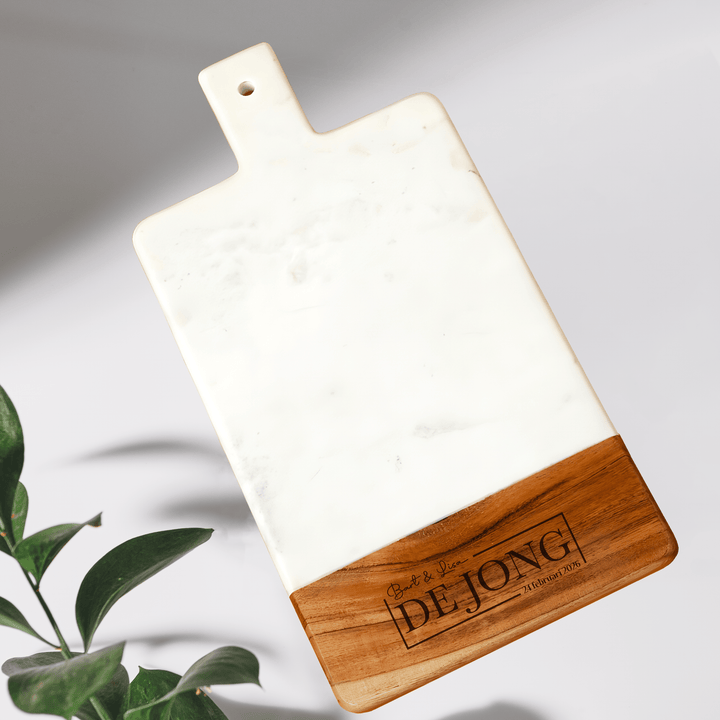 Staande Marmer/Houten Serveerplank met Namen en Datum - Sfeer foto